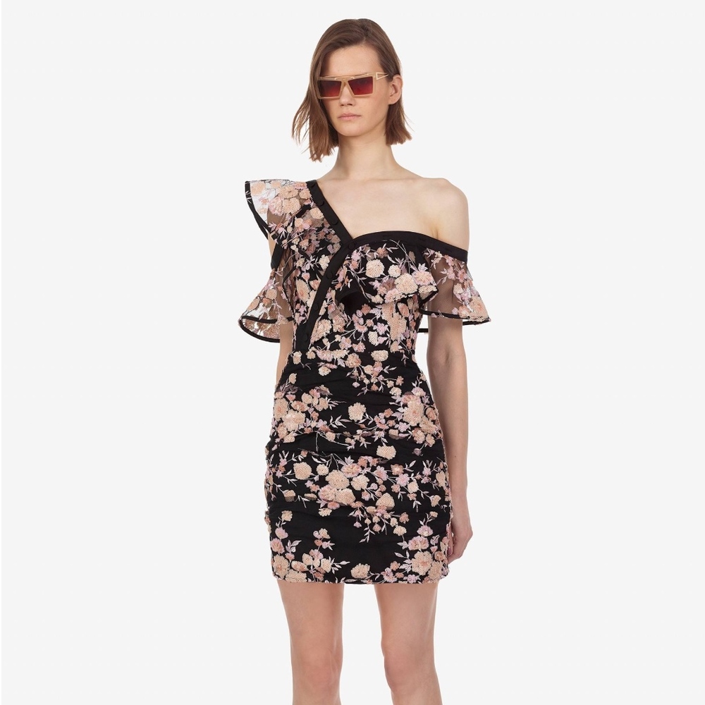 SELF PORTRAIT frilled midnight floral mesh dress